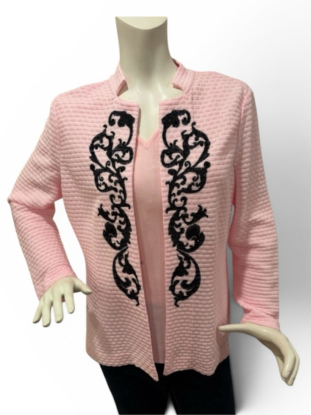 Ming Wang 2-Piece Pink Sweater Jacket Set with Black Embroidery & Sparkle, M/L